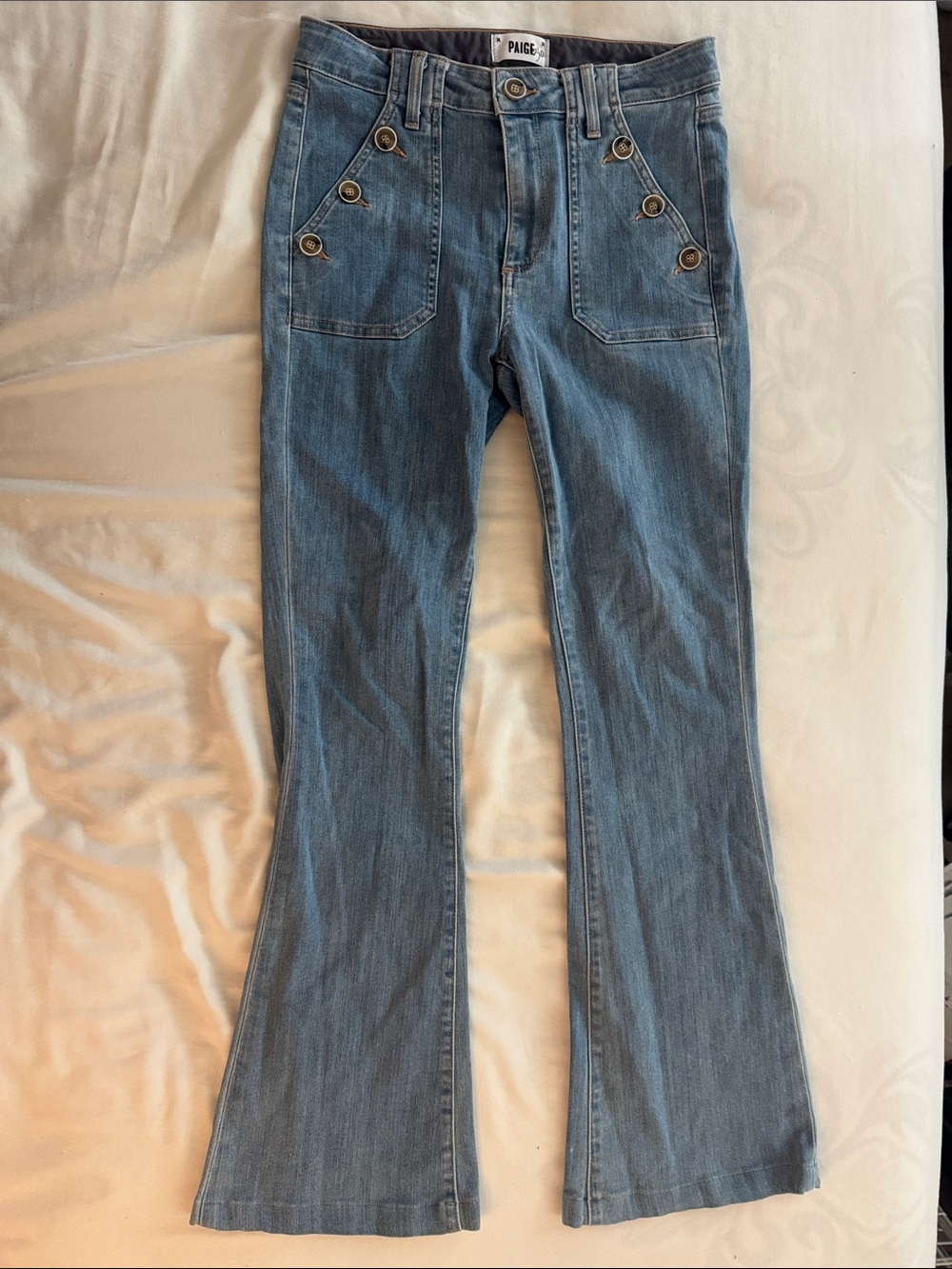 PAIGE Medium Blue Flare Jeans with Button-Trim Pockets